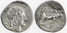 ROMAN REPUBLIC: L. Julius Bursio, AR denarius (3.42g), Rome, Crawford-352/1c; Sydenham-728, struck 85 BC, laureate, winged and draped male bust right ...