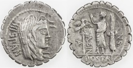 ROMAN REPUBLIC: A. Postumius A.f. Sp.n. Albinus, AR serrate denarius (3.77g), Rome, Crawford-372/2; Sydenham-746, struck 81 BC, veiled head of Hispani...