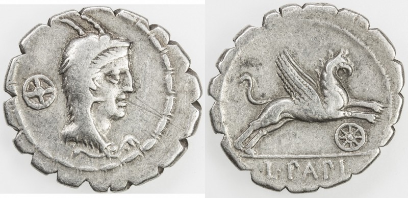 ROMAN REPUBLIC: L. Papius, AR serrate denarius (4.01g), Rome, Crawford-384/1; Sy...