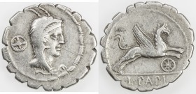 ROMAN REPUBLIC: L. Papius, AR serrate denarius (4.01g), Rome, Crawford-384/1; Sydenham-773, struck 79 BC, head of Juno Sospita right, wearing goat ski...