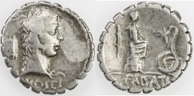 ROMAN REPUBLIC: L. Roscius Fabatus, AR serrate denarius (3.84g), Rome, Crawford-412/1; Sydenham-915, struck 64 BC, head of Juno Sospita right, wearing...