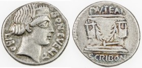 ROMAN REPUBLIC: C. Scribonius, AR denarius (4.05g), Rome, Crawford-416/1a; Sydenham-928, struck 62 BC, head of Bonus Eventus right, BON. EVENT / LIBO ...