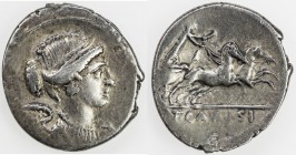 ROMAN REPUBLIC: T. Carisius, moneyer, AR denarius (3.74g), Rome, Crawford-464/4; Sydenham-986, struck 46 BC, bust of Victory right // Victory driving ...