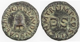 ROMAN EMPIRE: Claudius, 41-55 AD, AE quadrans (3.15g), Rome, RIC-90; BMC-182, struck 42 AD, three-legged modius, TI CLAVDIVS CAESAR AVG // S C in cent...