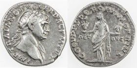 ROMAN EMPIRE: Trajan, 98-117 AD, AR denarius (3.39g), Rome, RIC-91; BMC-374, struck 111 AD, laureate bust right, drapery on left shoulder, IMP TRAIANO...