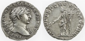 ROMAN EMPIRE: Trajan, 98-117 AD, AR denarius (3.52g), Rome, RIC-121; Woytek-280b, struck 105-112 AD, laureate bust right, drapery on left shoulder, IM...