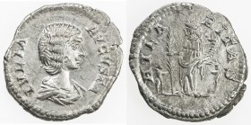 ROMAN EMPIRE: Julia Domna, AR denarius (3.32g), Rome, RIC-557 Septimius Severus; Cohen-79, struck 208 AD, draped bust right, IVLIA AVGVSTA // Hilarita...