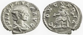 ROMAN EMPIRE: Julia Paula, AR denarius (3.15g), Rome, RIC-211 Elagabalus; Cohen-6, struck 219-220 AD, draped bust right, IVLIA PAVLA AVG // Concordia ...