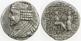 PARTHIAN KINGDOM: Vardanes I, AD 40-57, AR tetradrachm (14.38g), Seleukeia, SE355 (43 AD), Shore-350/51, king's bust left // Vardanes seated, receivin...