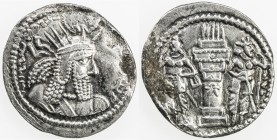 SASANIAN KINGDOM: Vahram I (Varahran), 273-276, AR obol (0.71g), G-43, standard design, right attendant with rayed headwear (as on the king's crown on...