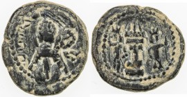 SASANIAN KINGDOM: Shapur II, 309-379, AE pashiz (3.16g), G-104, standard obverse // fire-altar & 2 attendants, both with tiara crowns, VF.
Estimate: ...