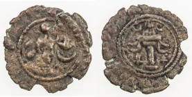 SASANIAN KINGDOM: Yazdigerd I, 399-420, AE pashiz (1.59g), G-—, cf. SNS-92/94 & A67, standard Sasanian bust right, crescent & flower to right // fire-...