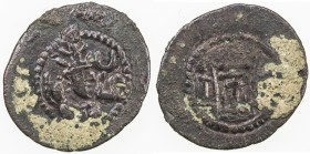 SASANIAN KINGDOM: Yazdigerd II, 438-457, AE pashiz (1.28g), G-166var, SNS-46, standard Sasanian bust right, monogram to right // fire-altar & two atte...