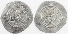 SASANIAN KINGDOM: Khusro II, 591-628, AR drachm (3.98g), AY (Susa), year 2, G-209, second series, with winged crown, with group of pellets within each...