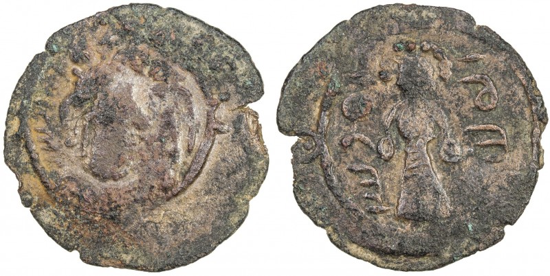 ARAB-SASANIAN: Anonymous, AE pashiz (2.70g), NM, ND, A-49X, Sasanian bust right,...