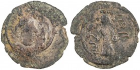 ARAB-SASANIAN: Anonymous, AE pashiz (2.70g), NM, ND, A-49X, Sasanian bust right, Pahlavi ABZWN right, unread word left // standing caliph, without spe...