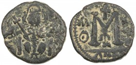 ARAB-BYZANTINE: Enthroned Emperor, after 670, AE fals (4.03g), pseudo-Damascus, ND, A-3511A, emperor seated on throne, facing, holding short cross, bi...