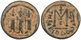 ARAB-BYZANTINE: Three Standing Figures, ca. 680-700, AE fals (4.91g), Tabariya, ND, A-3512, capital M, anchor above, crescent symbol below, with mint ...