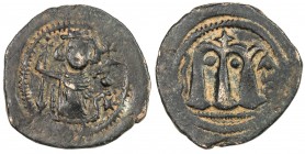 ARAB-BYZANTINE: Standing Emperor, ca. 680s-700s, AE fals (3.89g), "pseudo-Damascus", ND, A-3522.1, standing emperor, holding long cross & globus cruci...