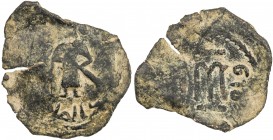 ARAB-BYZANTINE: Standing Caliph, ca. 693-697, AE fals (2.01g) (Qinnasrin), ND, A-3530A, Goodwin-238 (same dies), standing caliph // cursive m, mint na...