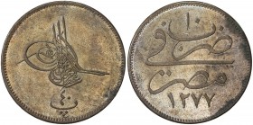EGYPT: Abdul Aziz, 1861-1876, AE 40 para, Misr, AH1277 year 10, KM-248, much original luster, several minor spots along the edge, Almost Unc to Unc.
...