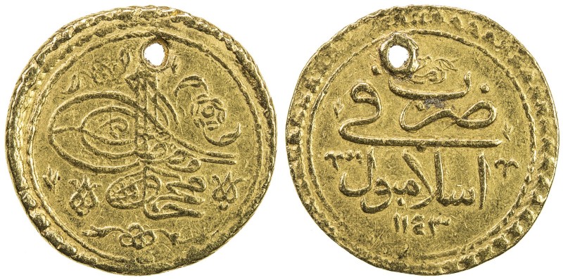 TURKEY: Mahmud I, 1730-1754, AV ½ altin (1.71g), Islambul, AH1143, KM-218, initi...