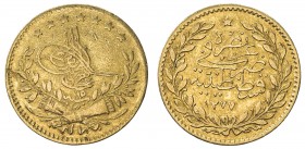 TURKEY: Abdul Aziz, 1861-1876, AV 25 kurush, Kostantiniye, AH1277 year 15, KM-694, key date, mintage of 17,000, Fine to VF.
Estimate: USD 90 - 120