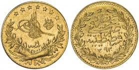 TURKEY: Abdul Hamid II, 1876-1909, AV 25 kurush, Kostantiniye, AH1293 year 19, KM-729, rare date, mintage of only 4,000 pieces, lovely VF to EF, R. 
...