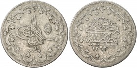 TURKEY: Abdul Aziz, 1861-1876, AR 5 kurush, Kostantiniye, AH1293 year 18, KM-737, key date, mintage of 12,000, Fine.
Estimate: USD 90 - 120
