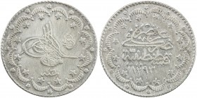 TURKEY: Abdul Aziz, 1861-1876, AR 5 kurush, Kostantiniye, AH1293 year 21, KM-737, key date, mintage of 18,000, Fine.
Estimate: USD 90 - 120