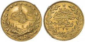 TURKEY: Mehmet V, 1909-1918, AV 25 kurush, Kostantiniye, AH1327 year 4, KM-752, 2 edge nicks, EF.
Estimate: USD 60 - 120