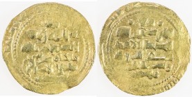 GHAZNAVID: Mas'ud III, 1099-1115, AV dinar (4.89g), Ghazna, AH(4)92, A-1647, with titles sanâ al-milla malik al-islam zahir al-imam, clear mint & date...