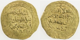 KHWARIZMSHAH: Muhammad, 1200-1220, AV dinar (4.34g), MM/NM, DM, A-1712, about 25% flat, unusual style, likely from an undetermined mint in central Afg...