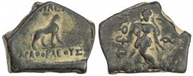 INDO-GREEK: Agathocles, ca. 190-180 BC, AE large unit (11.60g), Bop-10, female deity (presumably Lakshmi) dancing and holding lotus // lion standing r...