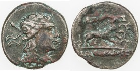 INDO-GREEK: Agathocles, ca. 190-180, copper-nickel double unit (6.55g), Bop-5C, bust of Dionysos // panther before a vine, its left front foot raised,...
