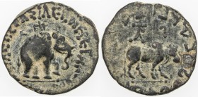 INDO-SCYTHIAN: Azes II, ca. 35 BC to 5 AD, AE pentachalkon (11.11g), Mitch-2298, elephant right // humped bull right, VF.
Estimate: USD 100 - 130