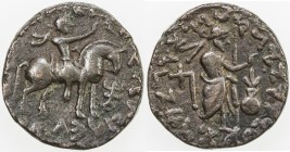 KUSHAN: Vima Takto, ca. 80-105, AE tetradrachm (9.80g), Mitch-2915/18, king on horseback, holding whip, Greek legend // Zeus standing, Kharosthi vi le...