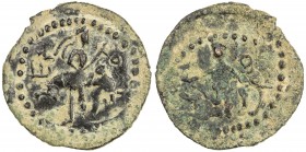 KUSHAN: Huvishka, ca. 155-187, AE ¼ unit (2.54g), king on crudely engraved animal (probably intended to be an elephant!) // uncertain deity standing, ...