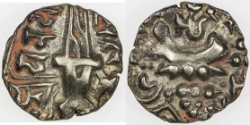KIDARITE: Vinayaditya, late 5th century AD, debased AV stater (7.89g), Mitch-3656/60, stylized decor, based on king standing on obverse, goddess Ardok...