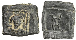 KASHMIR-SMAST: Anonymous, ca. 2nd-5th century, AE square unit (0.84g), Zeno—, crowned bust facing, object to right (scepter?) // tamgha in square (Göb...