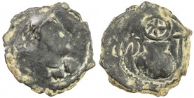 KASHMIR-SMAST: Anonymous, ca. 2nd-5th century, AE round unit (0.82g), Zeno-59765, king's bust right // wheel above vase, uncertain Brahmi letters left...