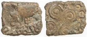 SATAVAHANAS: Satavahana, king, 1st century BC, AE square unit (5.65g), Pieper-652 (this piece), Vidarbha region: elephant right, Indradhvaja flanked b...