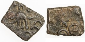 SATAVAHANAS: Satavahana, king, 1st century BC, AE square unit (2.00g), Pieper-655 (this piece), Vidarbha region: elephant left, river below, hill on r...