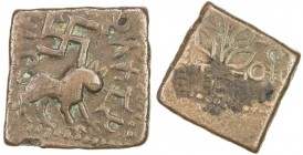 SATAVAHANAS: Satakarni, king, 1st century BC, AE square unit (8.39g), Pieper-668 (this piece), Nasik region: lion right, large swastika above, legend ...