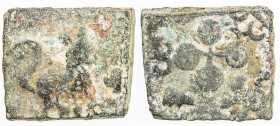 SATAVAHANAS: Satakarni, king, 1st century BC, AE square unit (4.55g), Pieper-672 (this piece), Vidarbha region: lion right, standing, triskeles to rig...