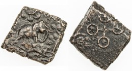 UJJAIN: Anonymous, 1st Century BC, AE square 14x14mm (4.65g), Pieper-364 (this piece), elephant right, chakra & Ujjain symbol above, railed tree right...