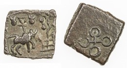 UJJAIN: Anonymous, 1st Century BC, AE square 17x15mm (3.52g), Pieper-340 (this piece), bull right, Indradhvaja between 2 taurines above, railed tree r...