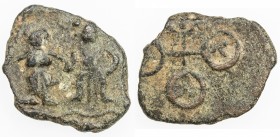 UJJAIN: Anonymous, 1st Century BC, AE squarish unit (2.81g), Pieper-302 (this piece), Mithuna series: male & female figure standing side by side, hold...