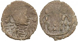 CEYLON: Anonymous, 3rd-4th century AD, AE unit (1.27g), local imitation of a Roman copper coin, crude imperial bust right // highly stylized two Roman...