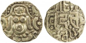 GAHADAVALAS OF KANAUJ: Govinda Chandra, ca. 1114-1154, debased AV 4½ masha (3.95g), De-145, Lakshmi seated // 3-line Devanagari legend, floral symbol ...